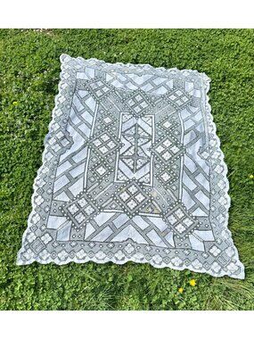 Antique Handmade White Cotton Crochet Filet Lace Tablecloth